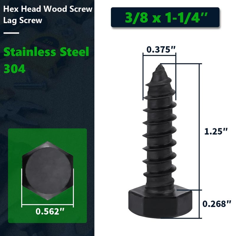 RoyceMart 12-Sets 3/8 x 1-1/4" Black Hex Head Lag Screws & Flat Washers, Heavy Duty Wood Lag Screws, 304 Stainless Steel (18-8), 3/8" Bolt - Image 2